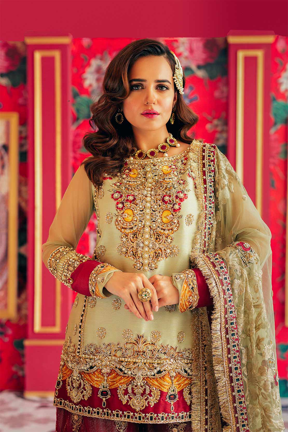 Pakistani Gold Naqshi Dabka Raw Silk Gharara (3-Piece) - Image 1