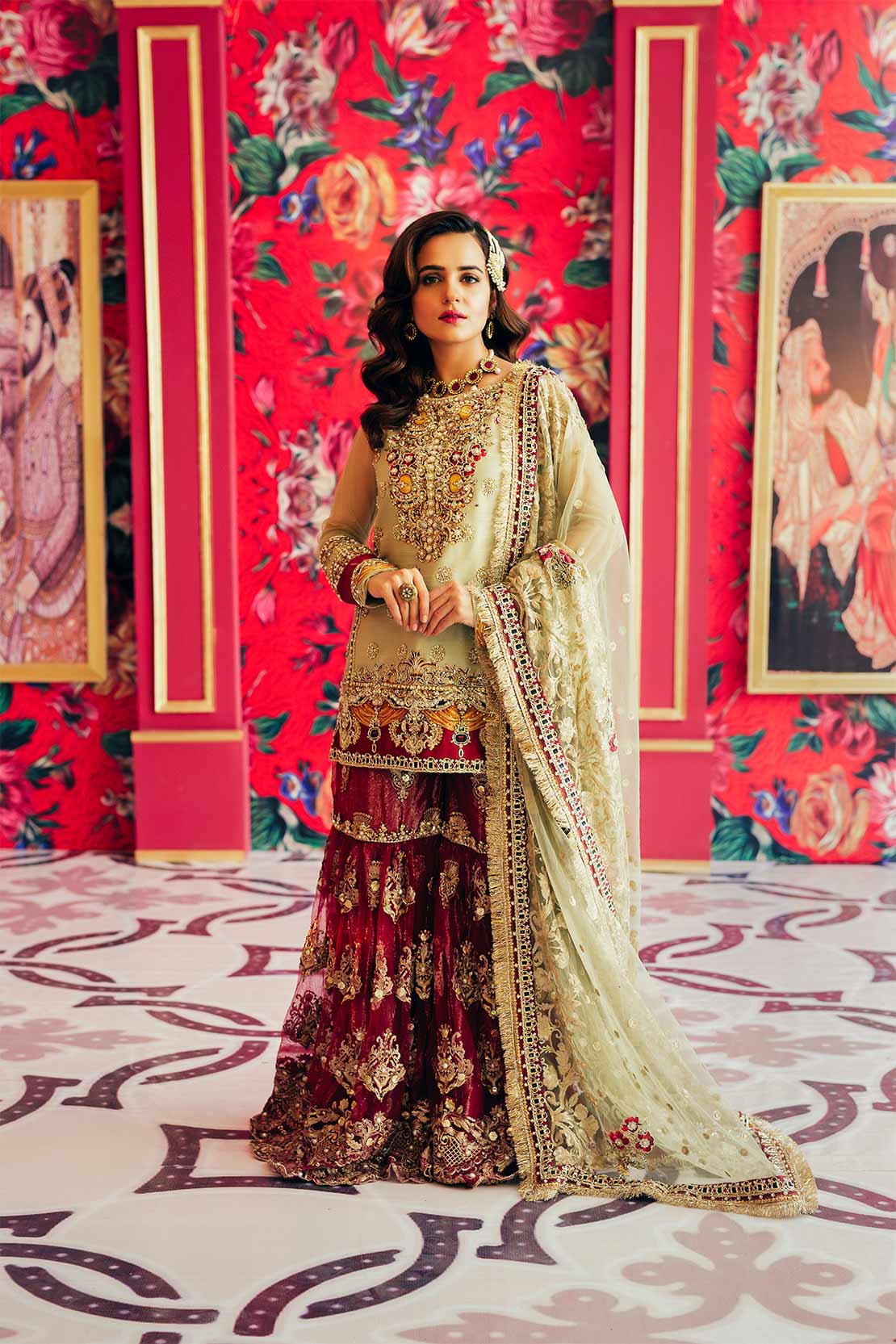 Pakistani Gold Naqshi Dabka Raw Silk Gharara (3-Piece) - Image 3