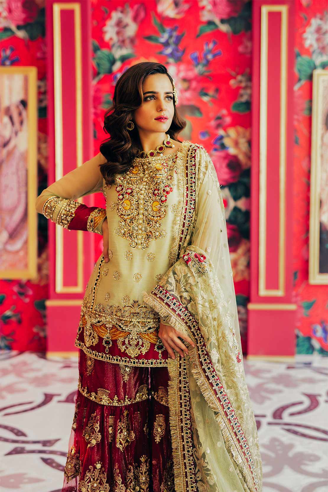 Pakistani Gold Naqshi Dabka Raw Silk Gharara (3-Piece) - Image 4