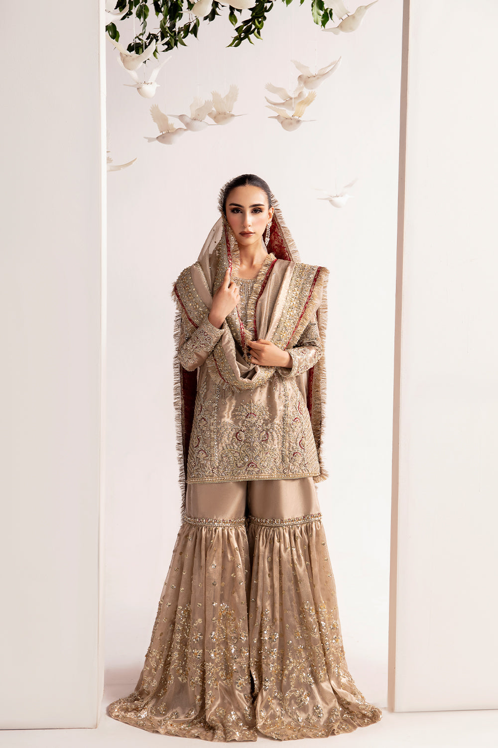 Champagne Sheesha & Gota Tissue Silk Gharara (3-Piece) - Image 1