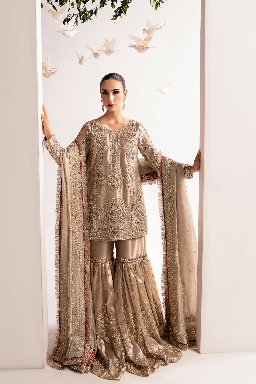 Champagne Sheesha & Gota Tissue Silk Gharara (3-Piece) - Image 3
