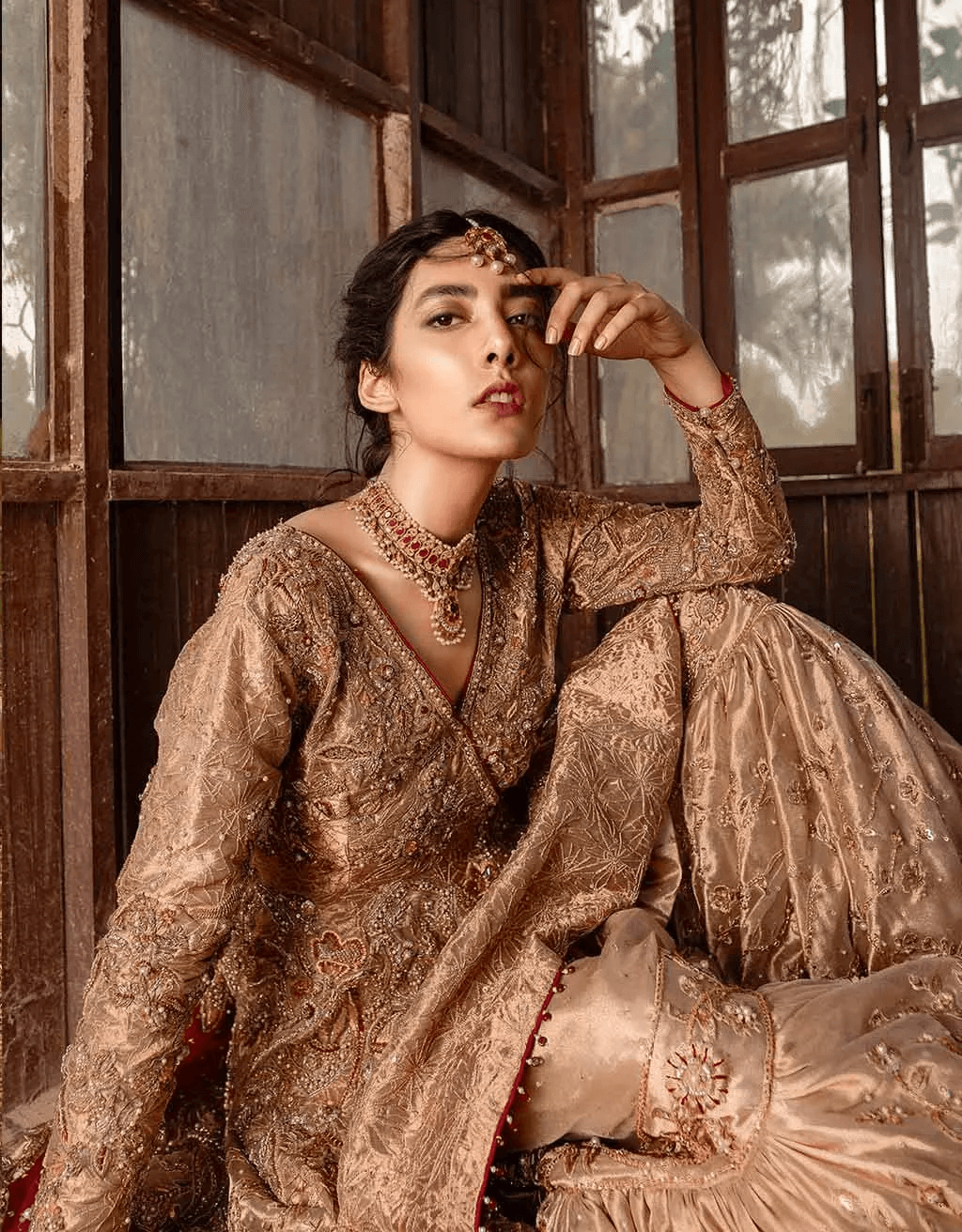 Indian Gold Ari-Embroidered Silk-Blend Peplum Gharara (3-Piece) - Image 2