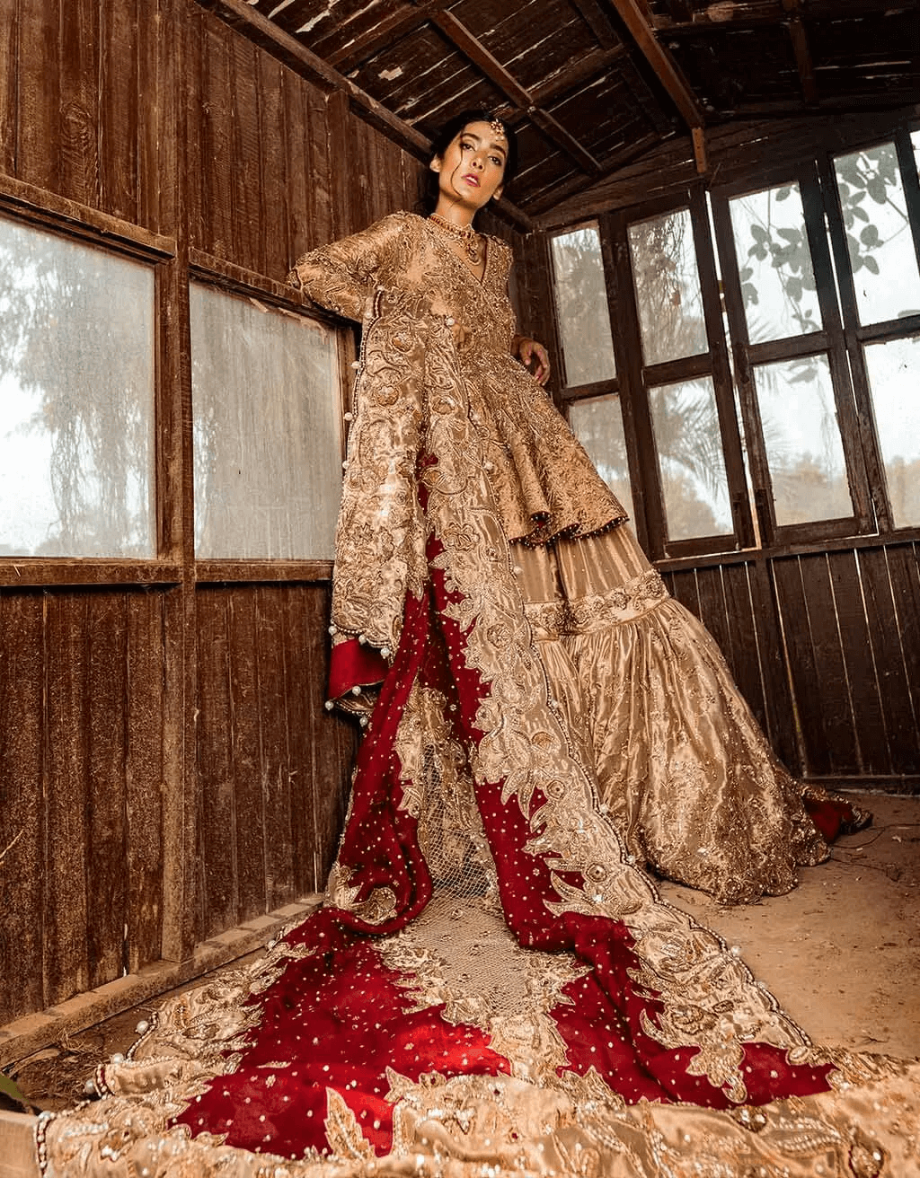 Indian Gold Ari-Embroidered Silk-Blend Peplum Gharara (3-Piece) - Image 3