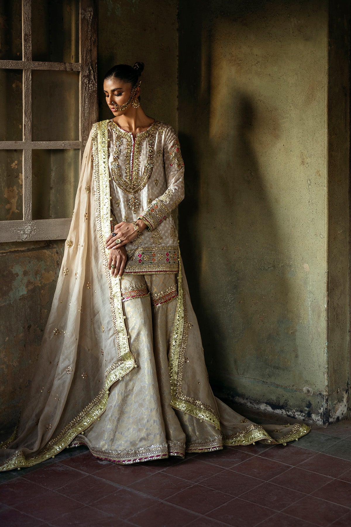 Pakistani Gold Mukesh Organza Dupatta with Gota Border (3-Piece) - Image 1