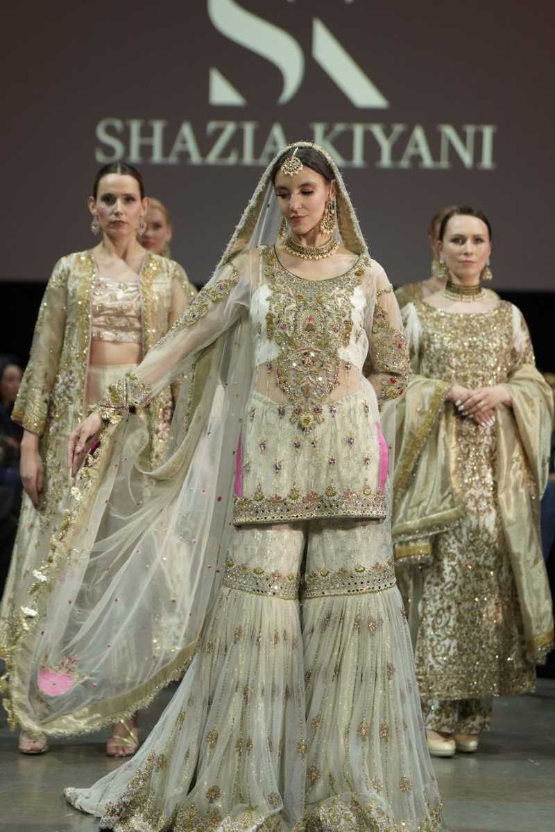 Pakistani Champagne Gold Embellished Net Silk Peplum Gharara (3-Piece) - Image 1