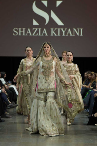 Pakistani Champagne Gold Embellished Net Silk Peplum Gharara (3-Piece) - Image 3