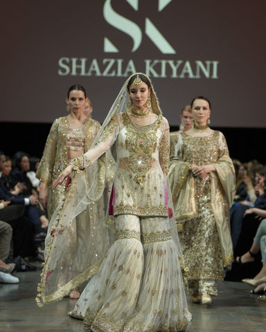 Pakistani Champagne Gold Embellished Net Silk Peplum Gharara (3-Piece) - Image 4