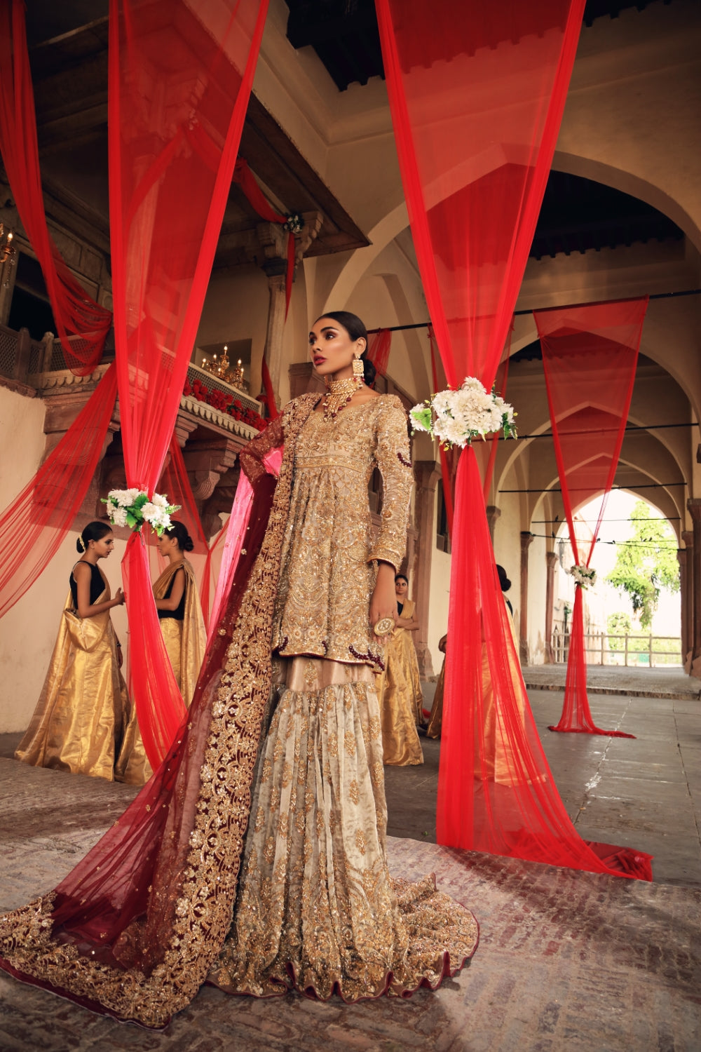 Pakistani Antique Gold Maroon Embroidered Silk Blend Gharara (3-Piece) - Image 2