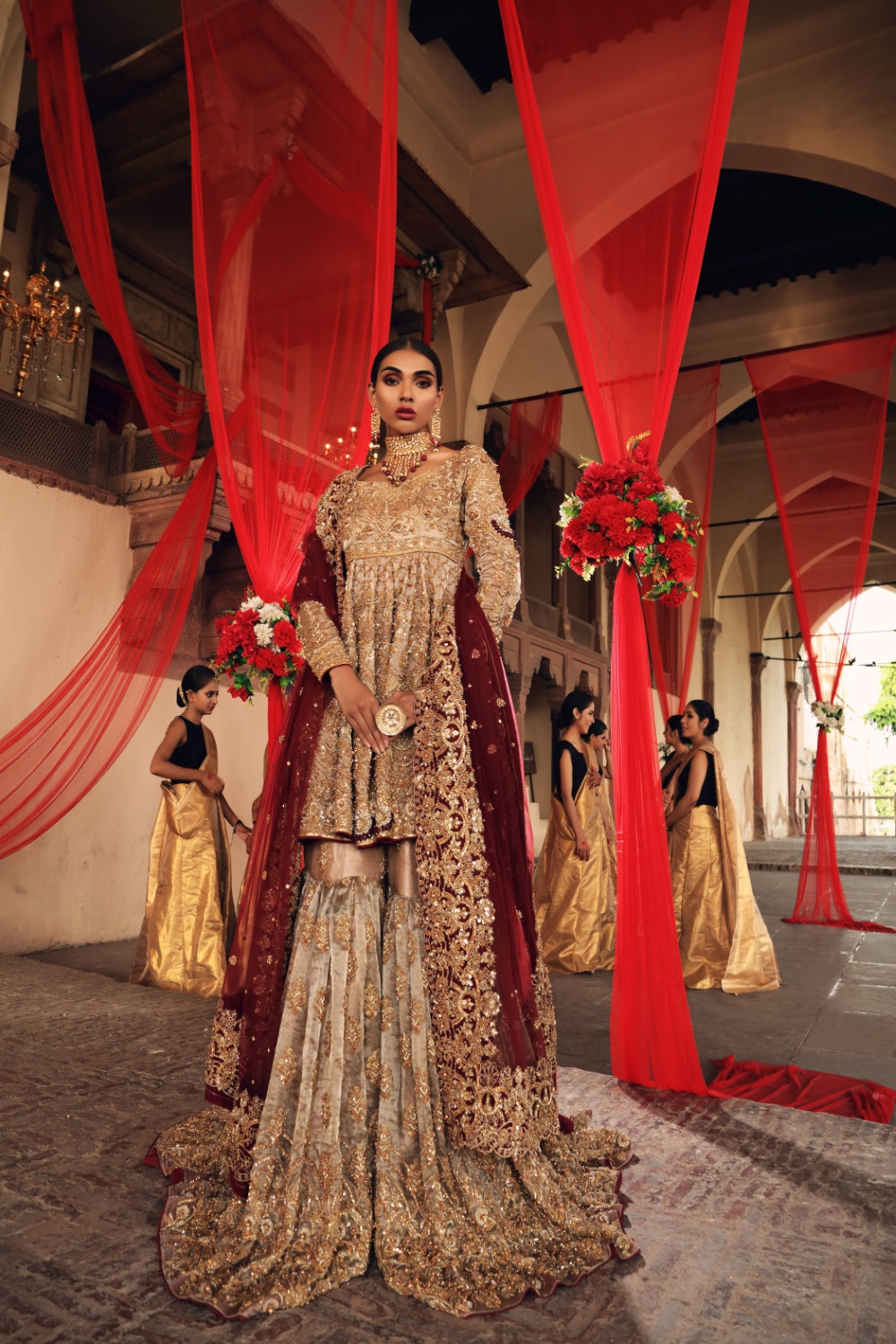 Pakistani Antique Gold Maroon Embroidered Silk Blend Gharara (3-Piece) - Image 4