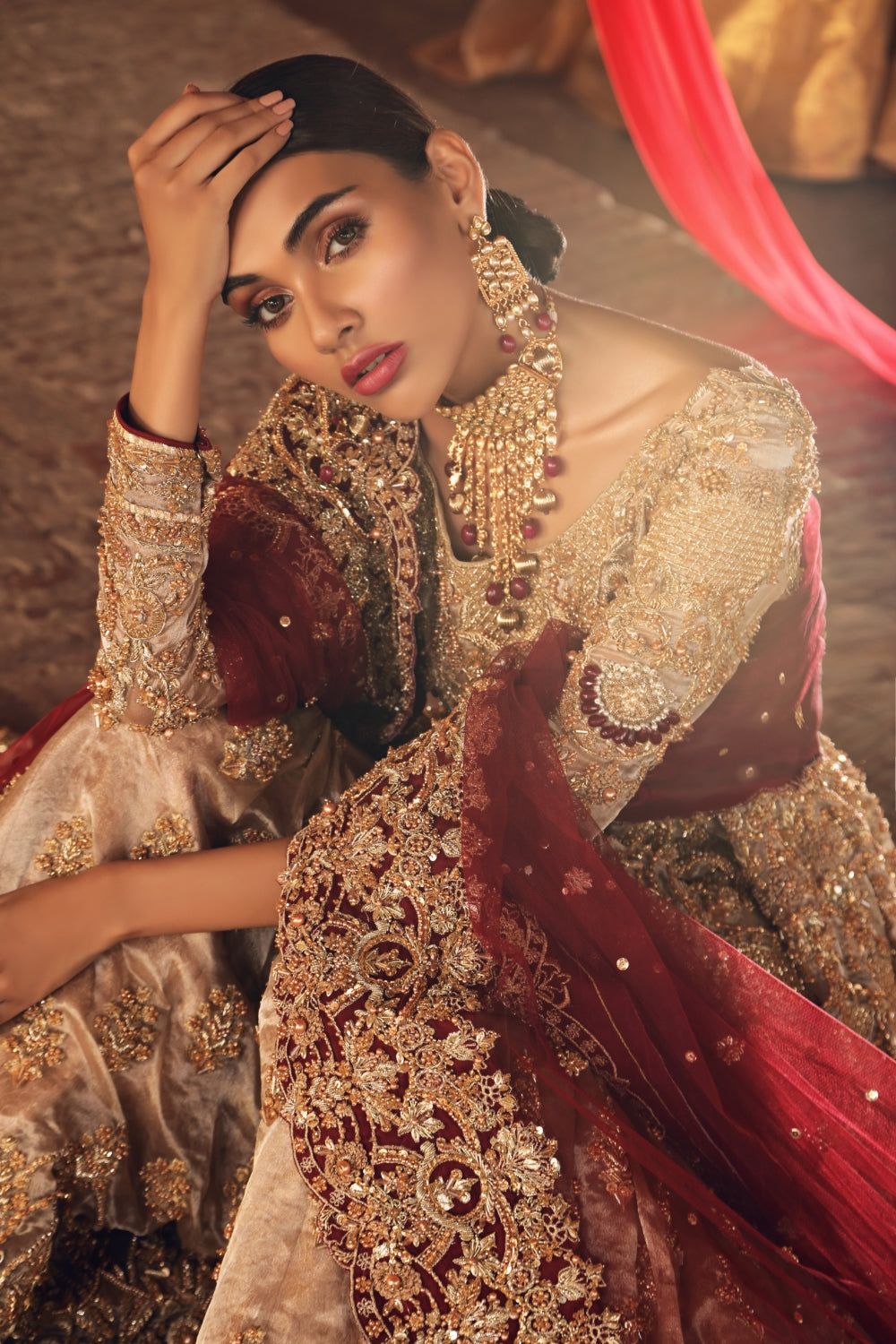 Pakistani Antique Gold Maroon Embroidered Silk Blend Gharara (3-Piece) - Image 1