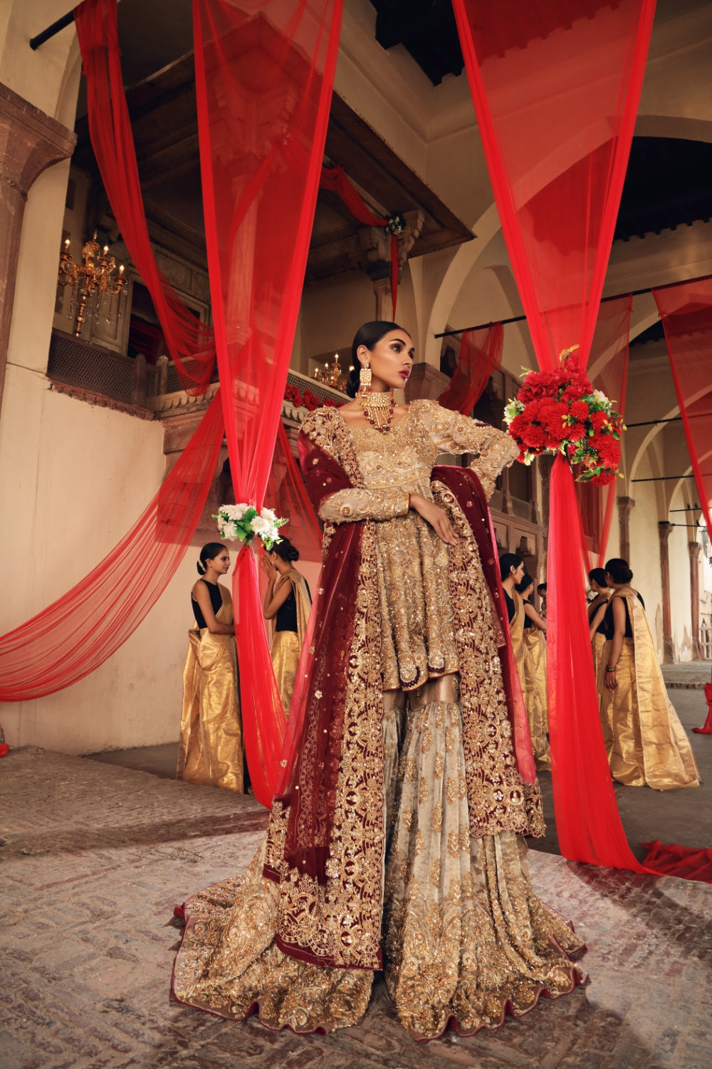 Pakistani Antique Gold Maroon Embroidered Silk Blend Gharara (3-Piece) - Image 3