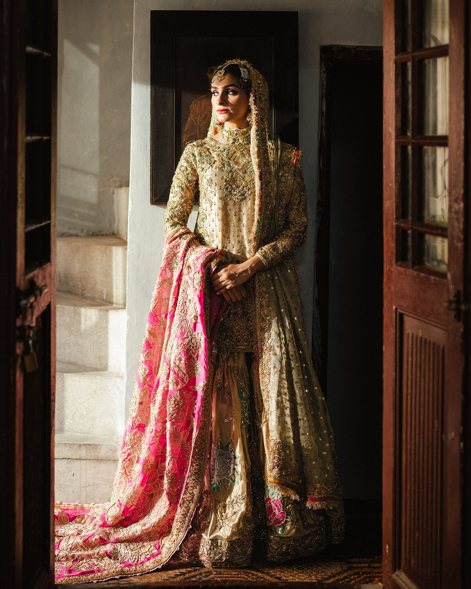 Pakistani Gold Embroidered Silk Gharara Set (3-Piece) - Image 1