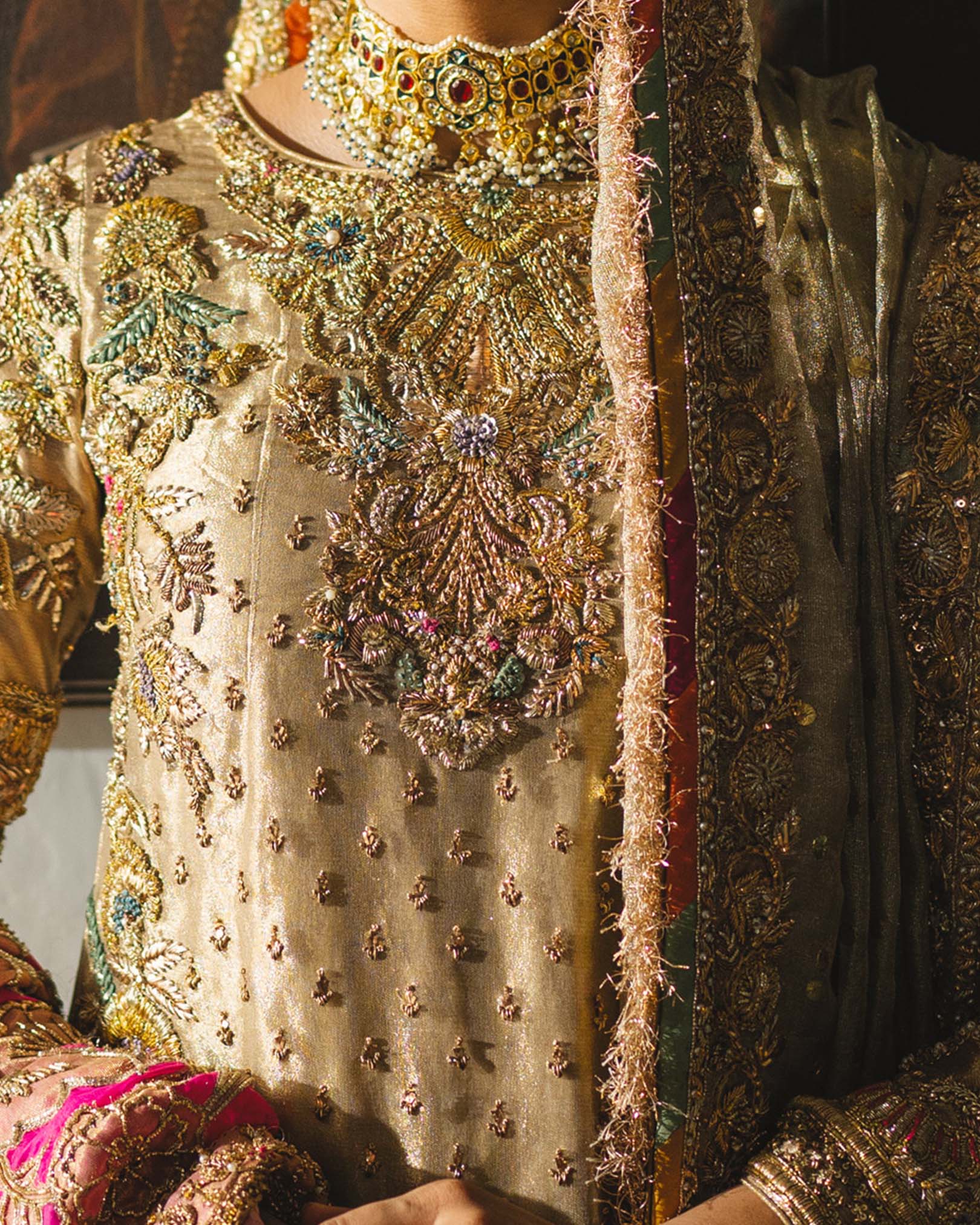 Pakistani Gold Embroidered Silk Gharara Set (3-Piece) - Image 2