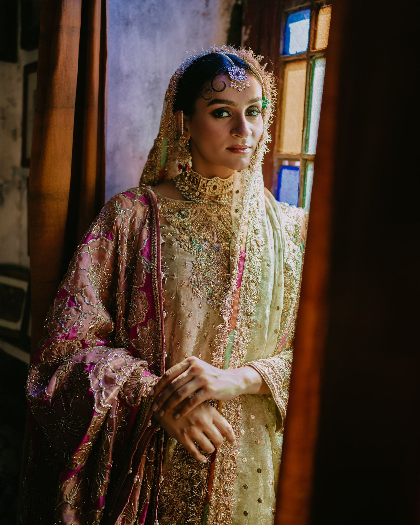 Pakistani Gold Embroidered Silk Gharara Set (3-Piece) - Image 3