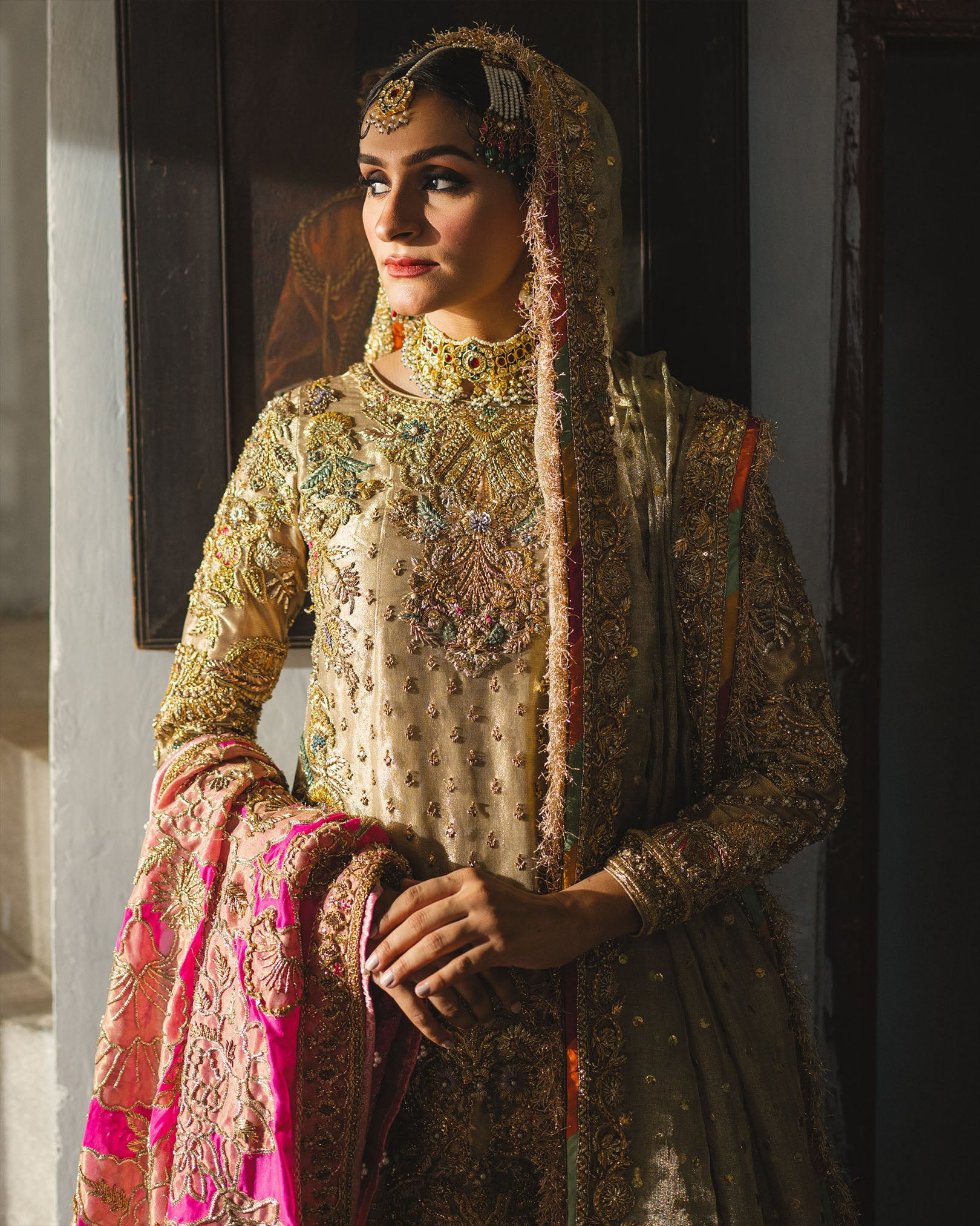 Pakistani Gold Embroidered Silk Gharara Set (3-Piece) - Image 4