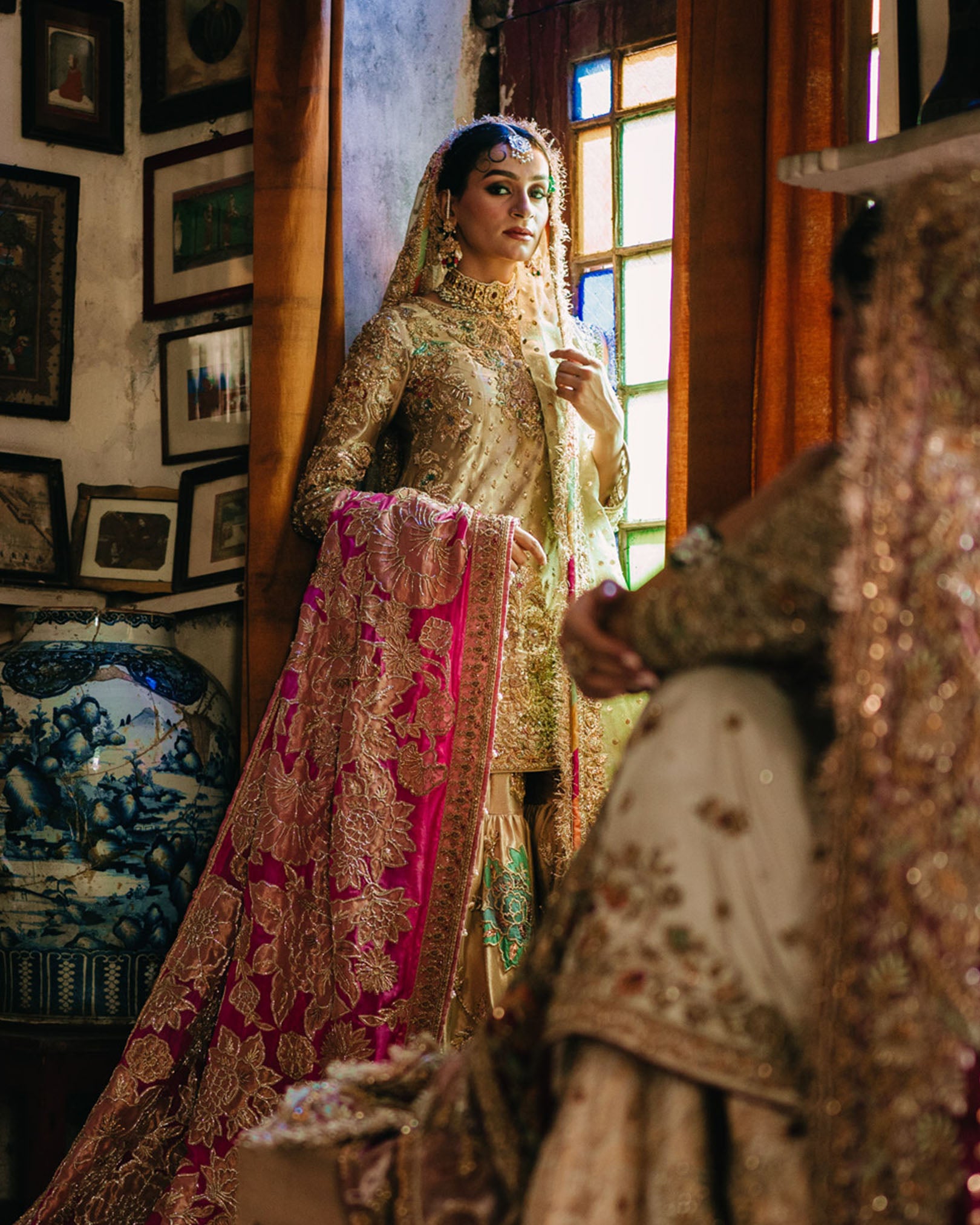 Pakistani Gold Embroidered Silk Gharara Set (3-Piece) - Image 5