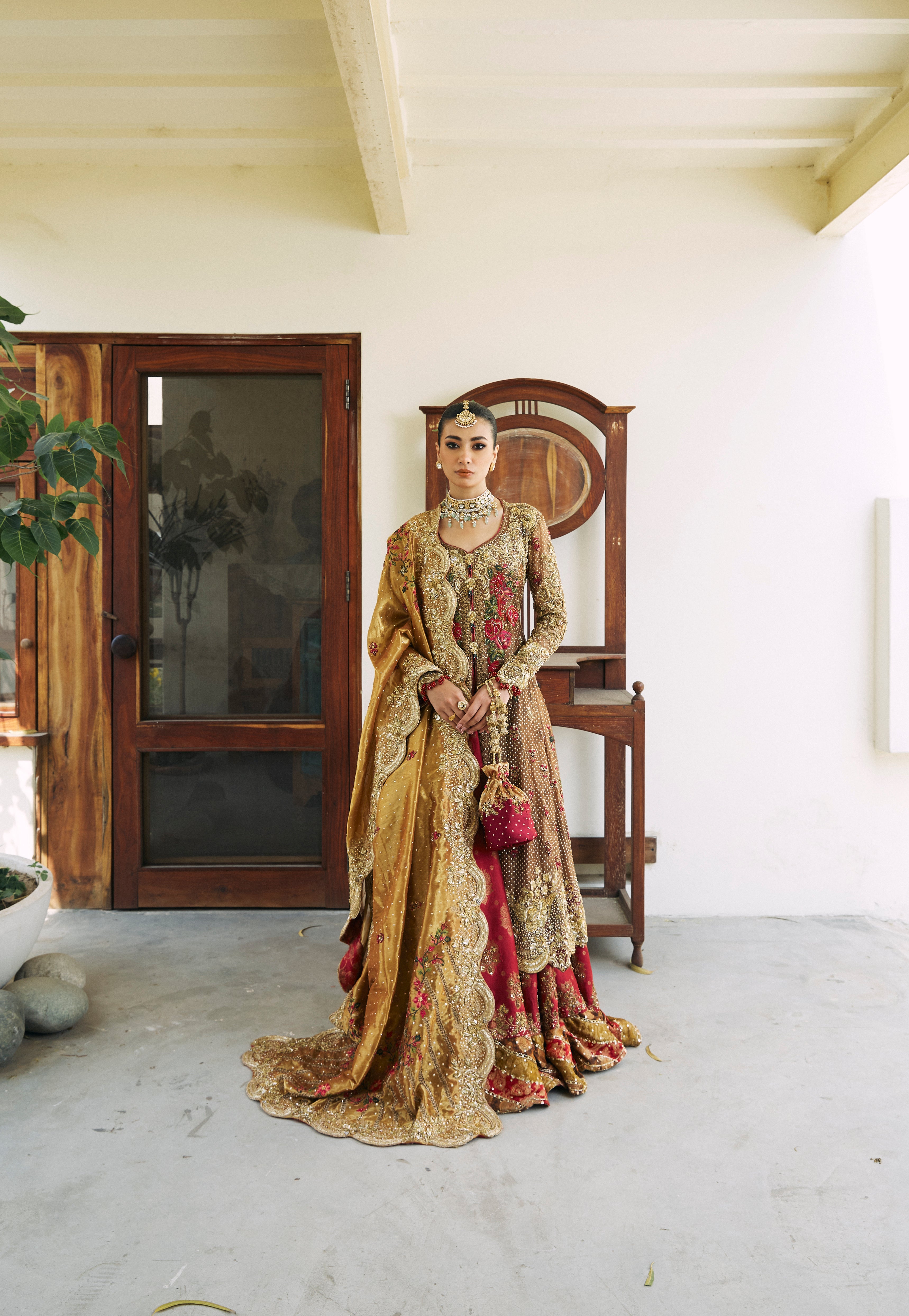 Pakistani Earthy Bronze Embroidered Silk & Brocade Farshi Gharara (3-Piece) - Image 1