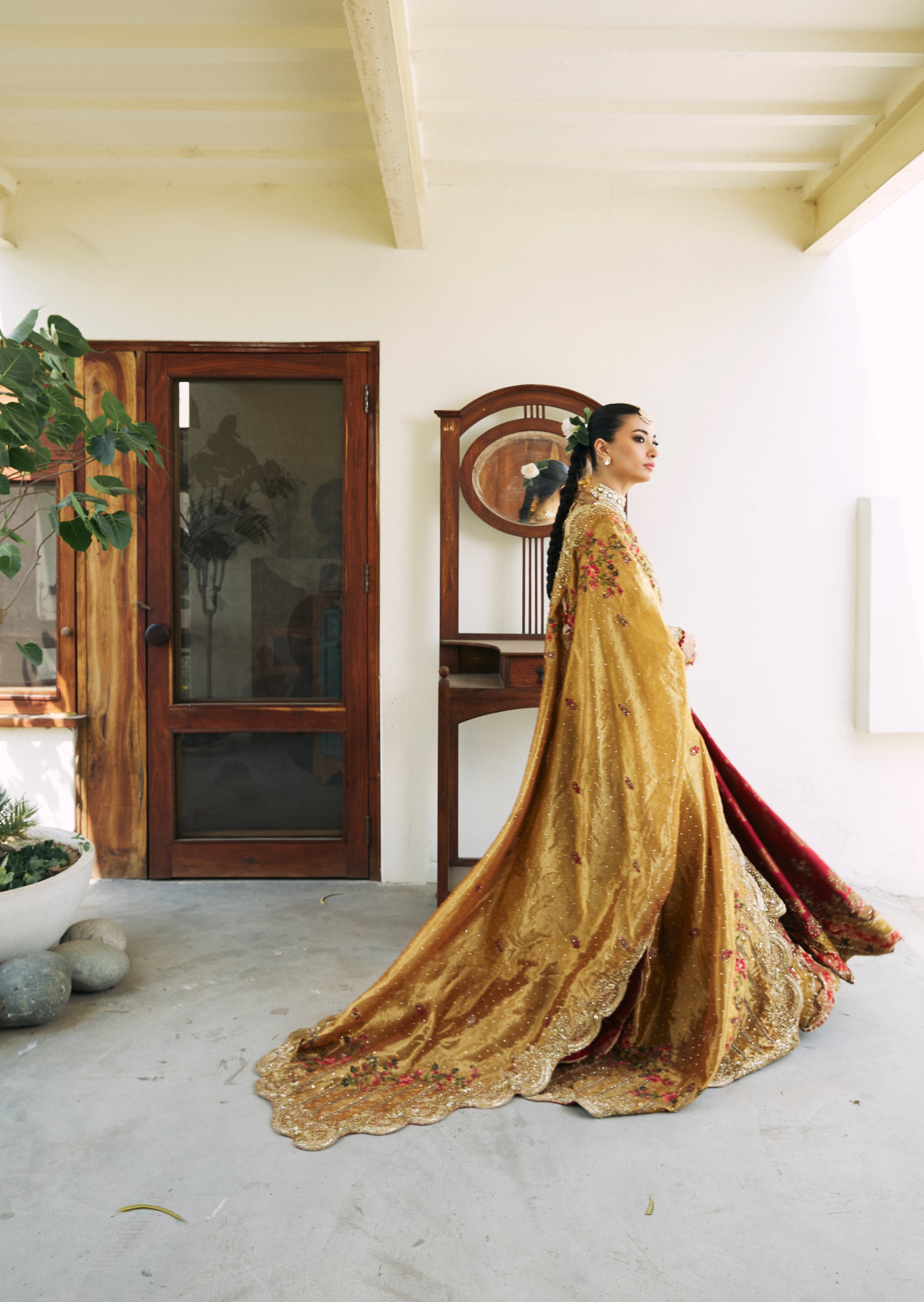 Pakistani Earthy Bronze Embroidered Silk & Brocade Farshi Gharara (3-Piece) - Image 2