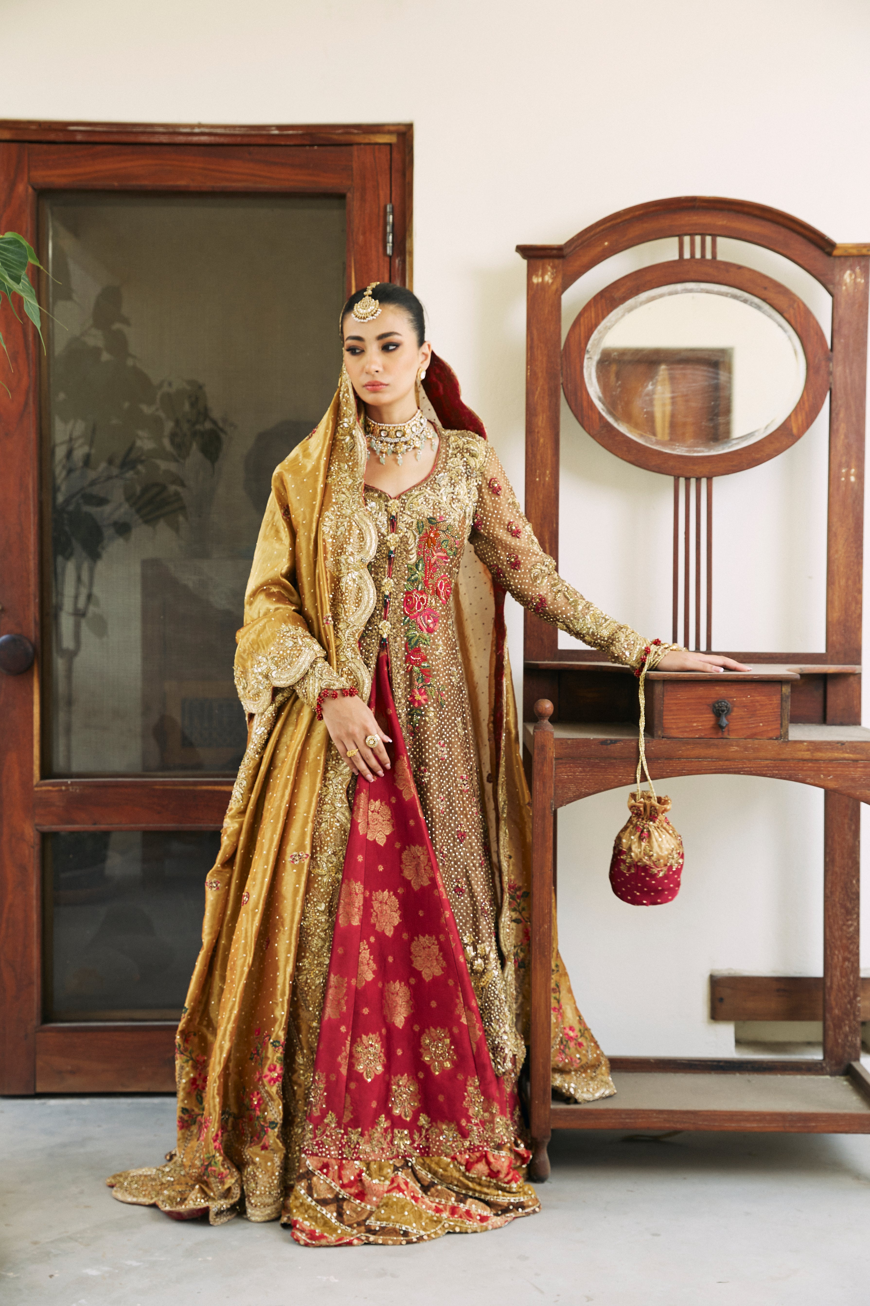 Pakistani Earthy Bronze Embroidered Silk & Brocade Farshi Gharara (3-Piece) - Image 3