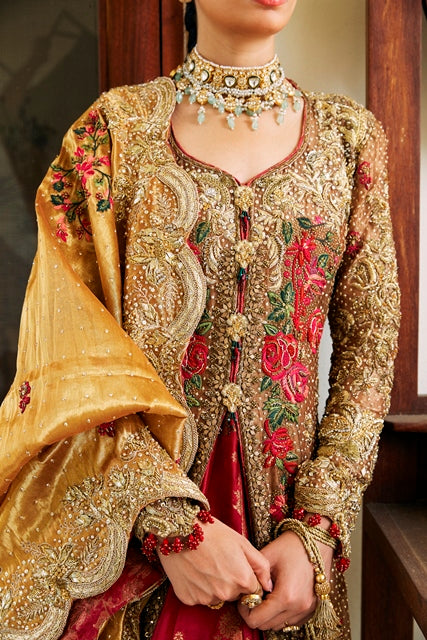 Pakistani Earthy Bronze Embroidered Silk & Brocade Farshi Gharara (3-Piece) - Image 4