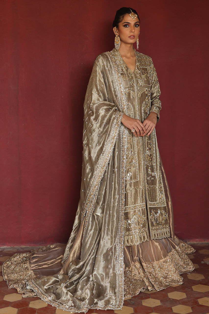 Metallic Gold Zardozi Silk & Net Bridal Gharara (3-Piece) - Image 1