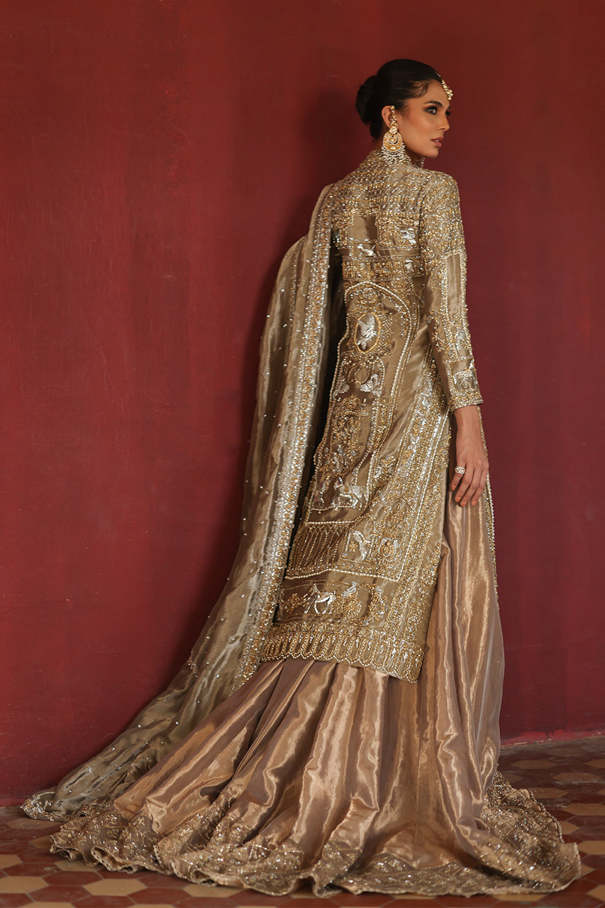 Metallic Gold Zardozi Silk & Net Bridal Gharara (3-Piece) - Image 2