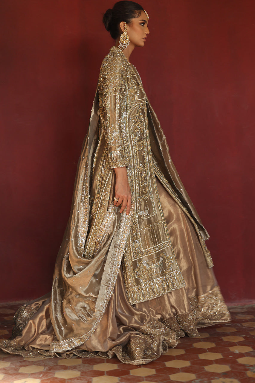 Metallic Gold Zardozi Silk & Net Bridal Gharara (3-Piece) - Image 5