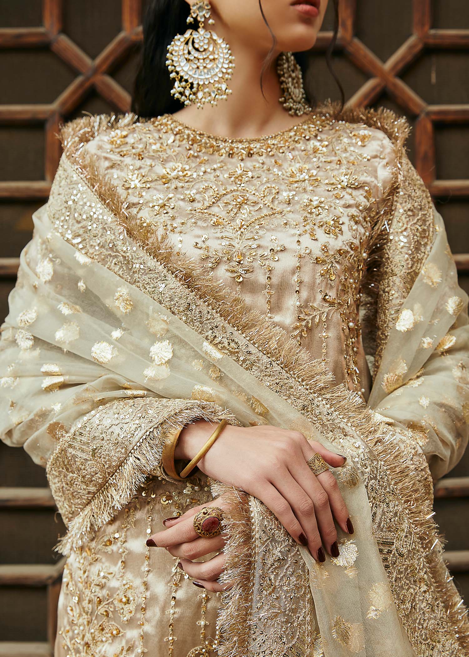 Pakistani Gold Hand-Embellished Tissue Badla Gharara (3-Piece) - Image 3
