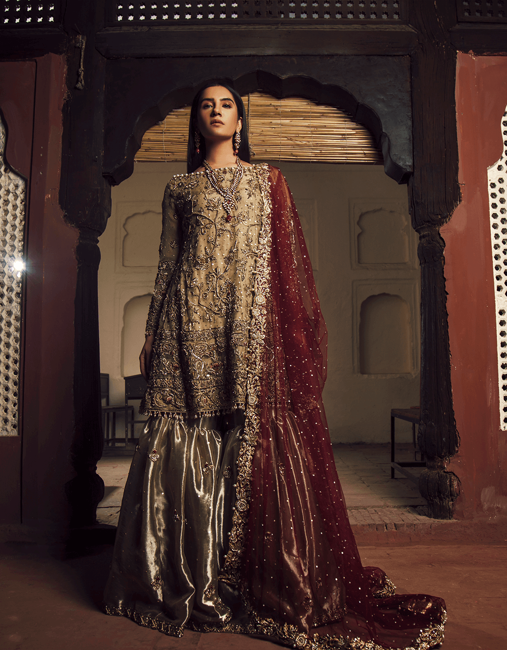 Pakistani Antique Gold Dabka Mukesh Tissue Gharara (3-Piece) - Image 2