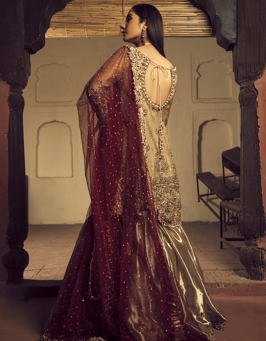 Pakistani Antique Gold Dabka Mukesh Tissue Gharara (3-Piece) - Image 3