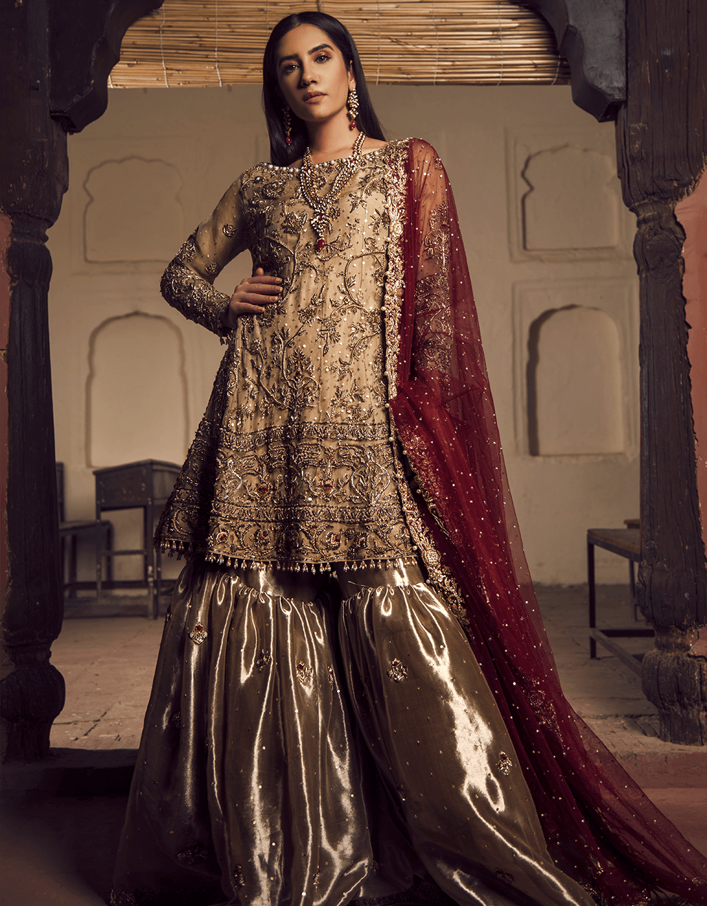 Pakistani Antique Gold Dabka Mukesh Tissue Gharara (3-Piece) - Image 4