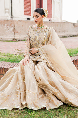 Pakistani Soft Gold Embellished Tissue Gharara (3-Piece) - Image 3