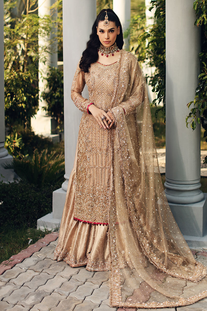 Pakistani Gold Hand Embellished Tissue & Jamawar Gharara (3-Piece) - Image 1