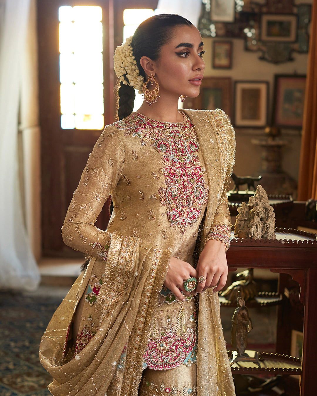 Golden Embroidered Tissue Gharara Set (3-Piece) - Image 2