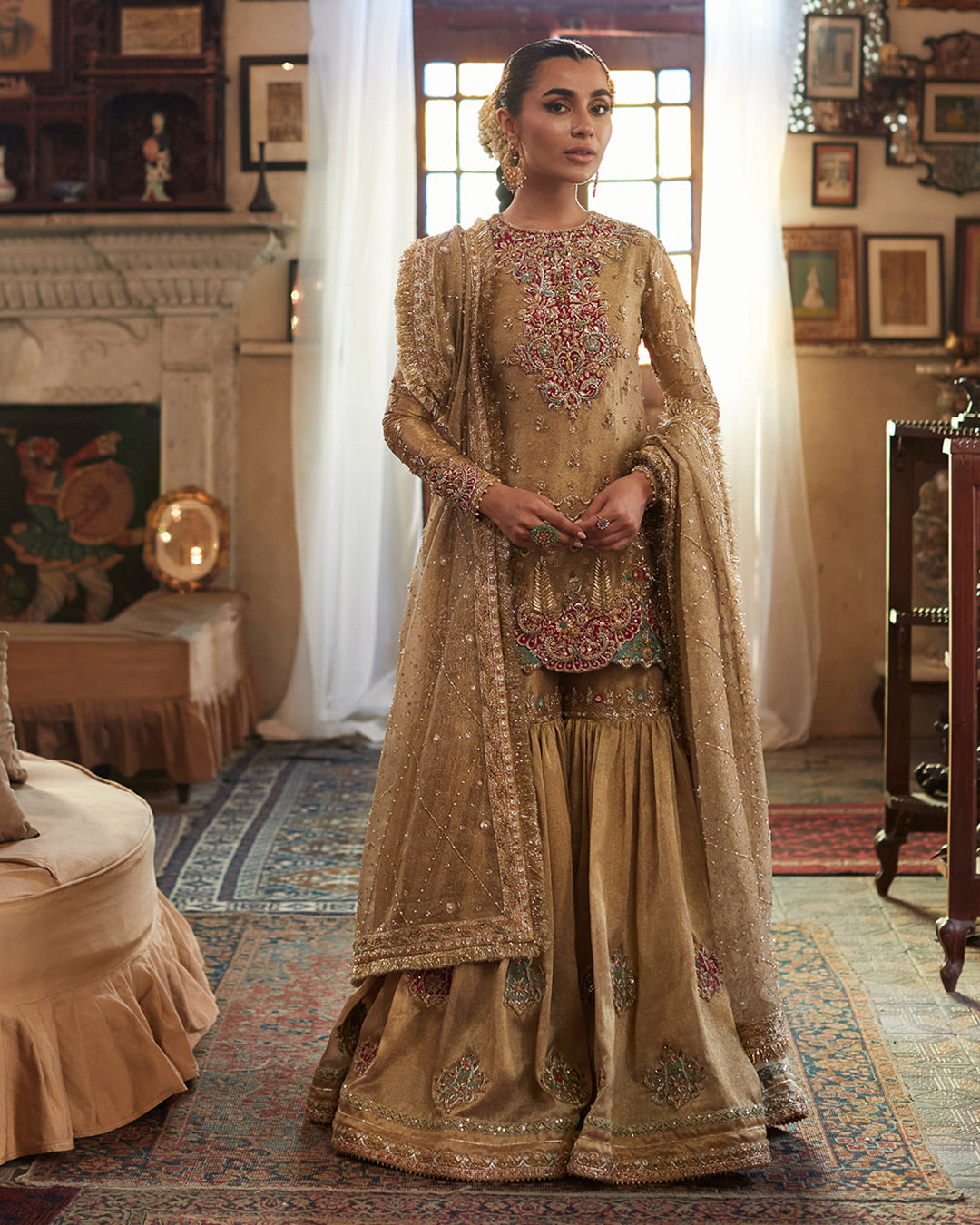 Pakistani Gold Embroidered Tissue Gharara Set (3-Piece) - Image 1