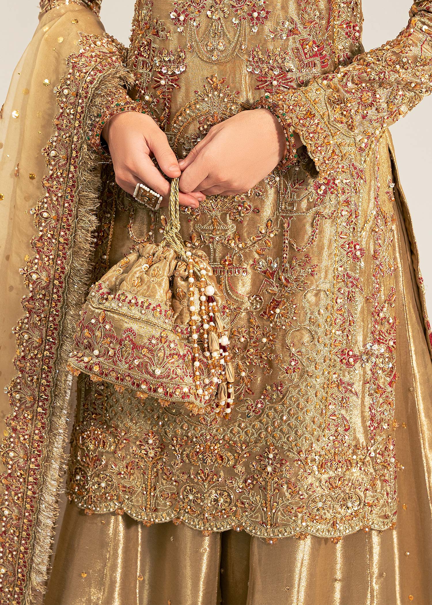 Pakistani Gold Embroidered Tissue Gharara Set (3-Piece) - Image 4