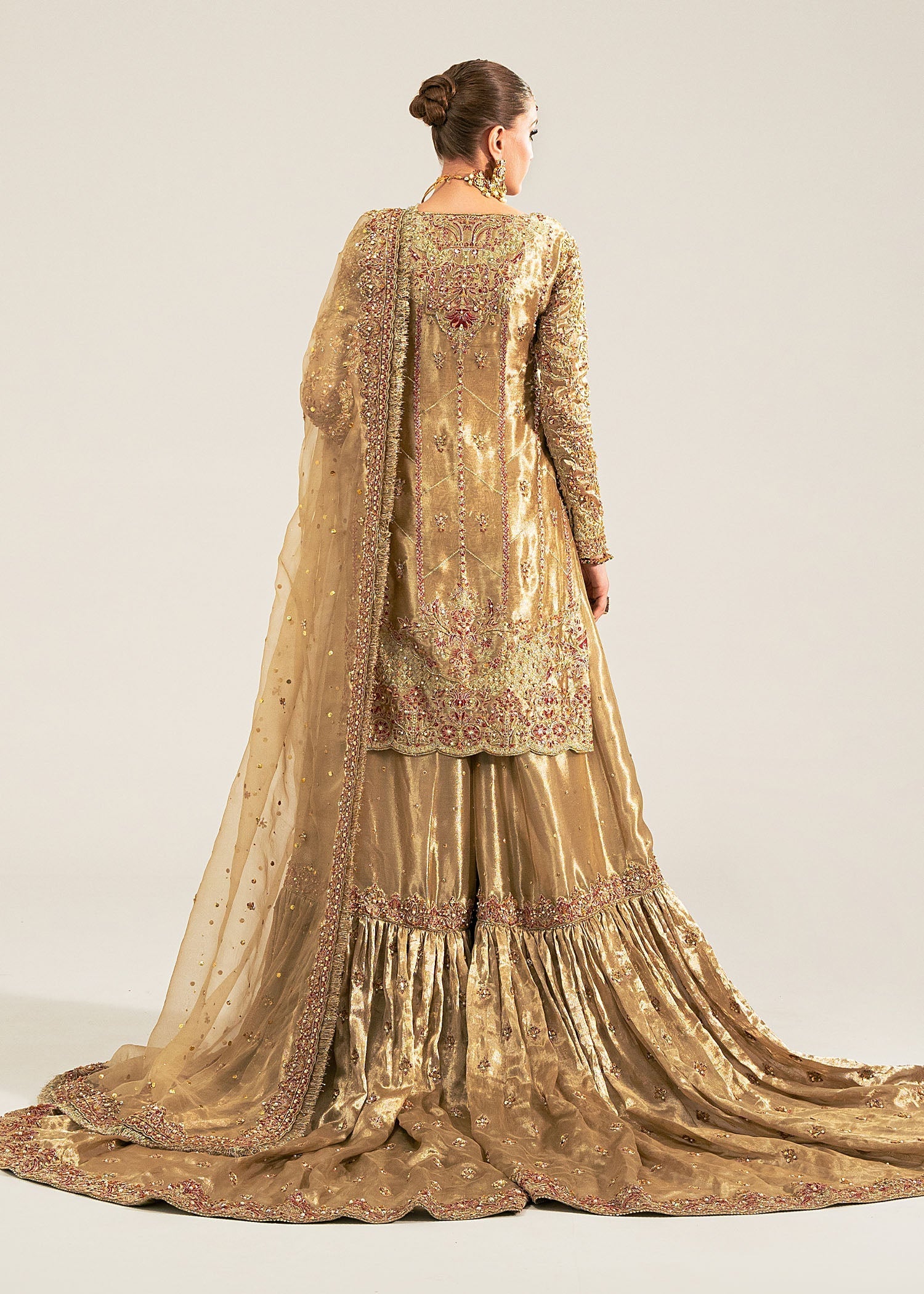Pakistani Gold Embroidered Tissue Gharara Set (3-Piece) - Image 7