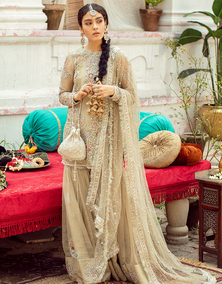 Champagne Handworked Tissue Gharara Set (3-Piece) - Image 1