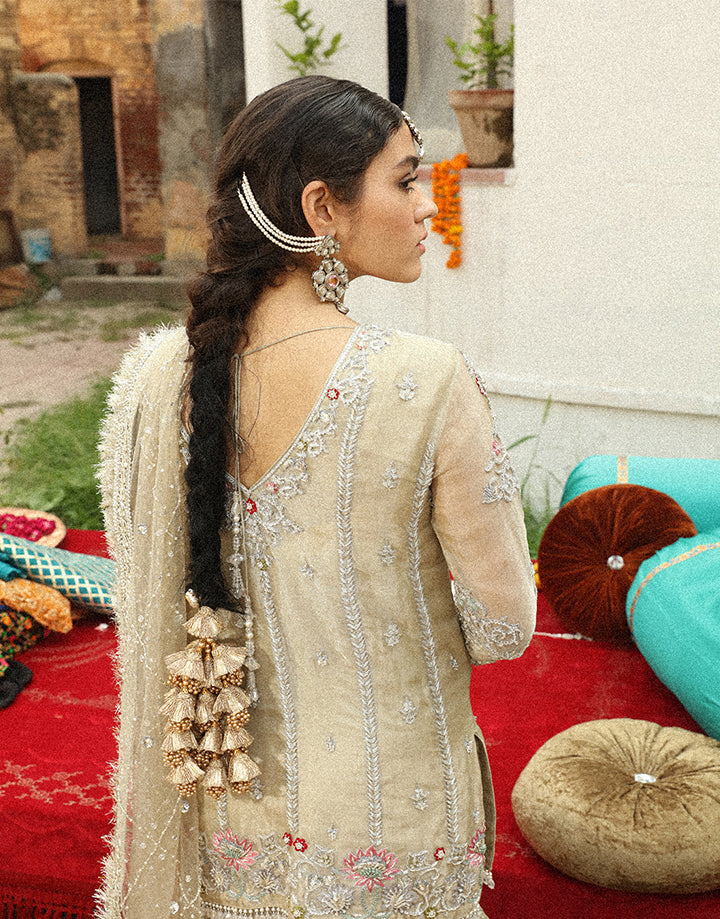 Champagne Handworked Tissue Gharara Set (3-Piece) - Image 3