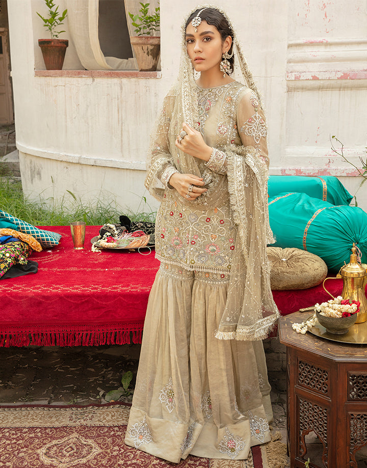 Champagne Handworked Tissue Gharara Set (3-Piece) - Image 12