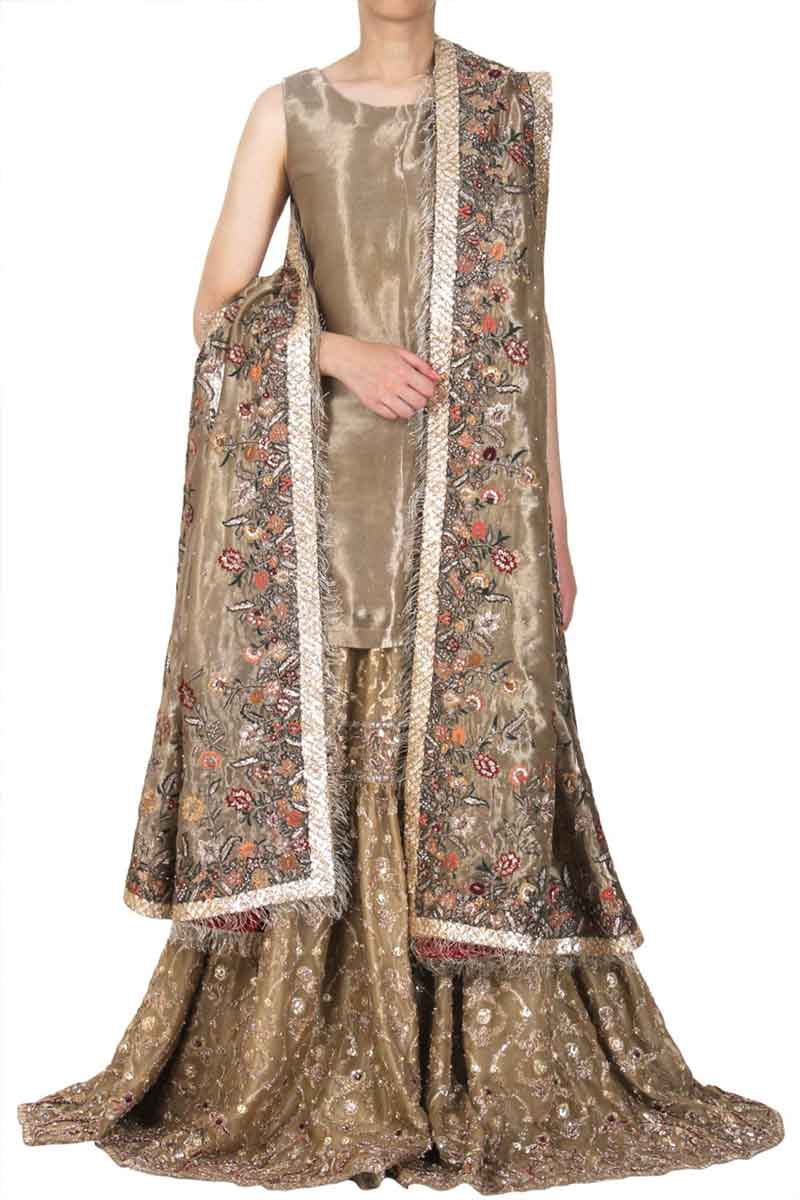 Metallic Gold Embroidered Tissue Gharara Set (3-Piece) - Image 3