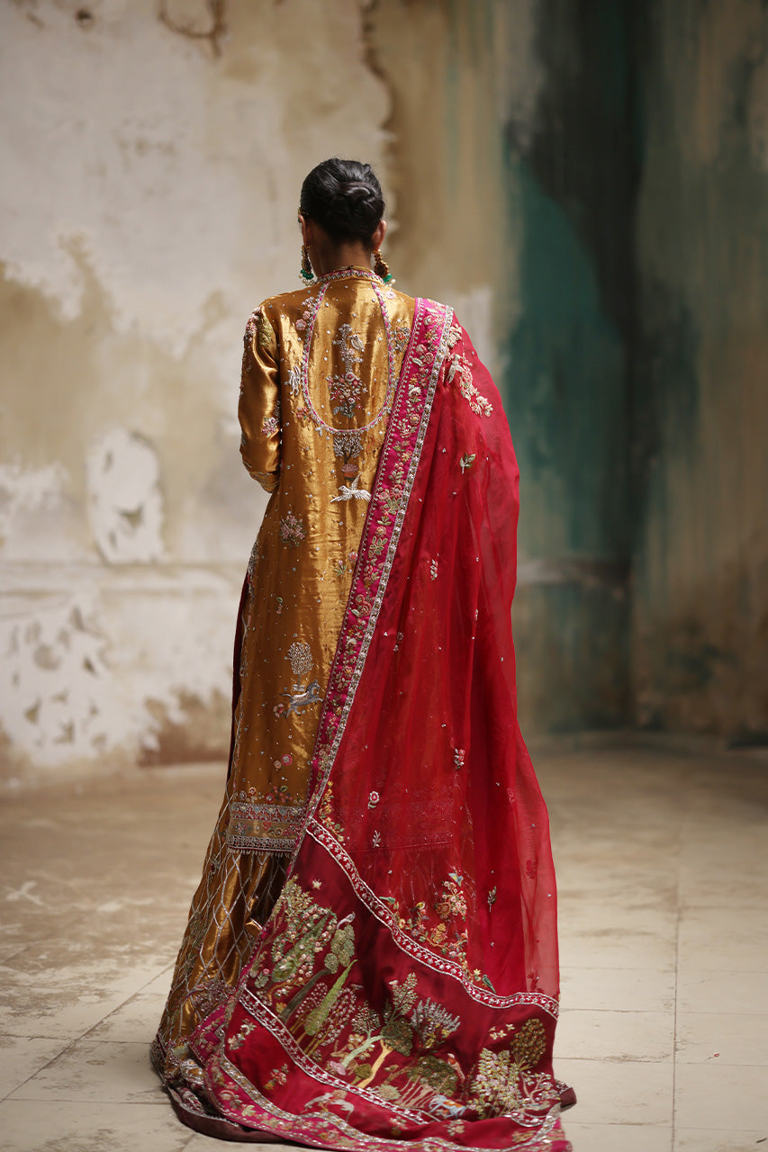 Indian Gold Zardozi Tissue Silk Farshi Gharara (3-Piece) - Image 2