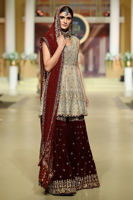 Pakistani Gold Zardozi Tissue Peplum with Maroon Velvet Gharara (3-Piece) - Image 3