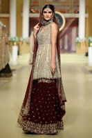 Pakistani Gold Zardozi Tissue Peplum with Maroon Velvet Gharara (3-Piece) - Image 4