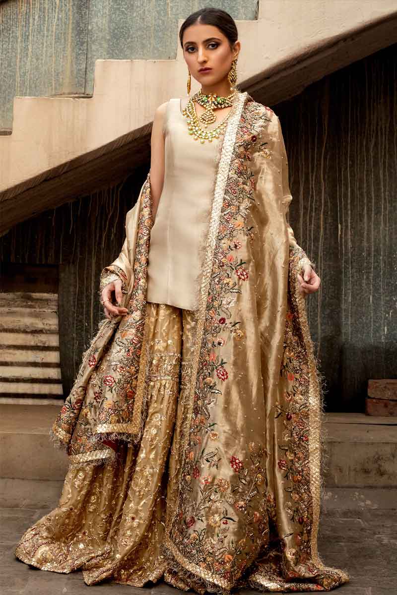 Metallic Gold Embroidered Tissue Gharara (3-Piece) - Image 1