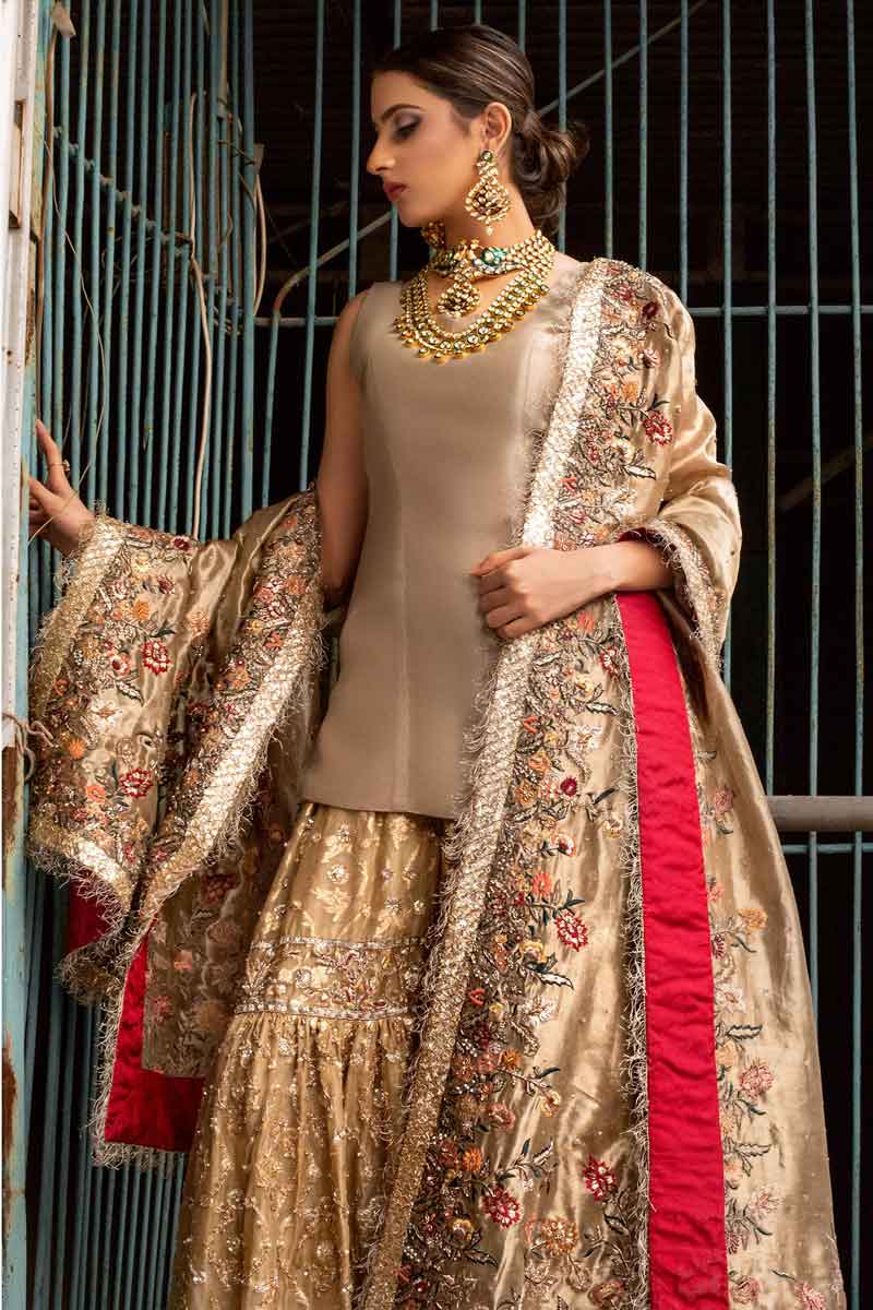 Metallic Gold Embroidered Tissue Gharara (3-Piece) - Image 2