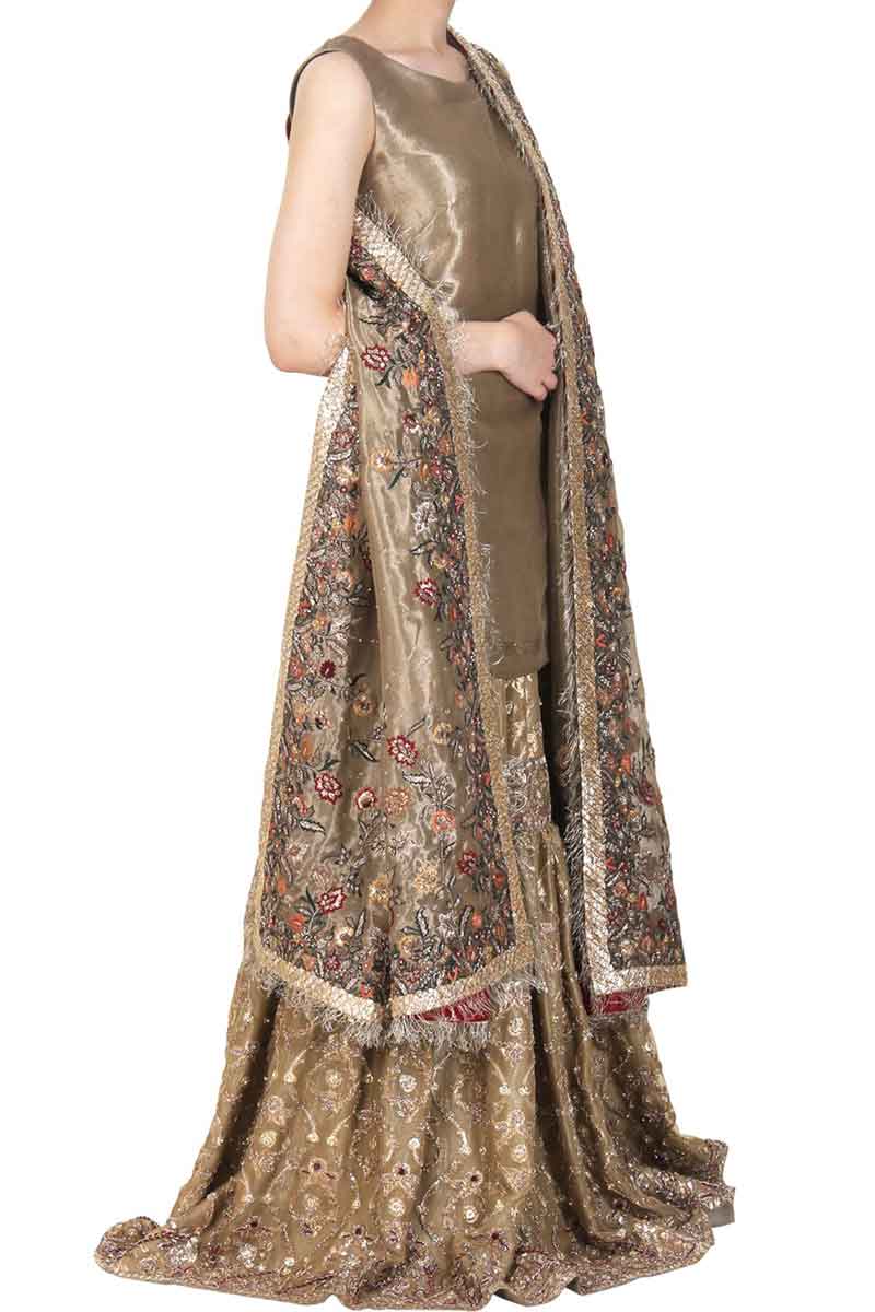 Metallic Gold Embroidered Tissue Gharara (3-Piece) - Image 4