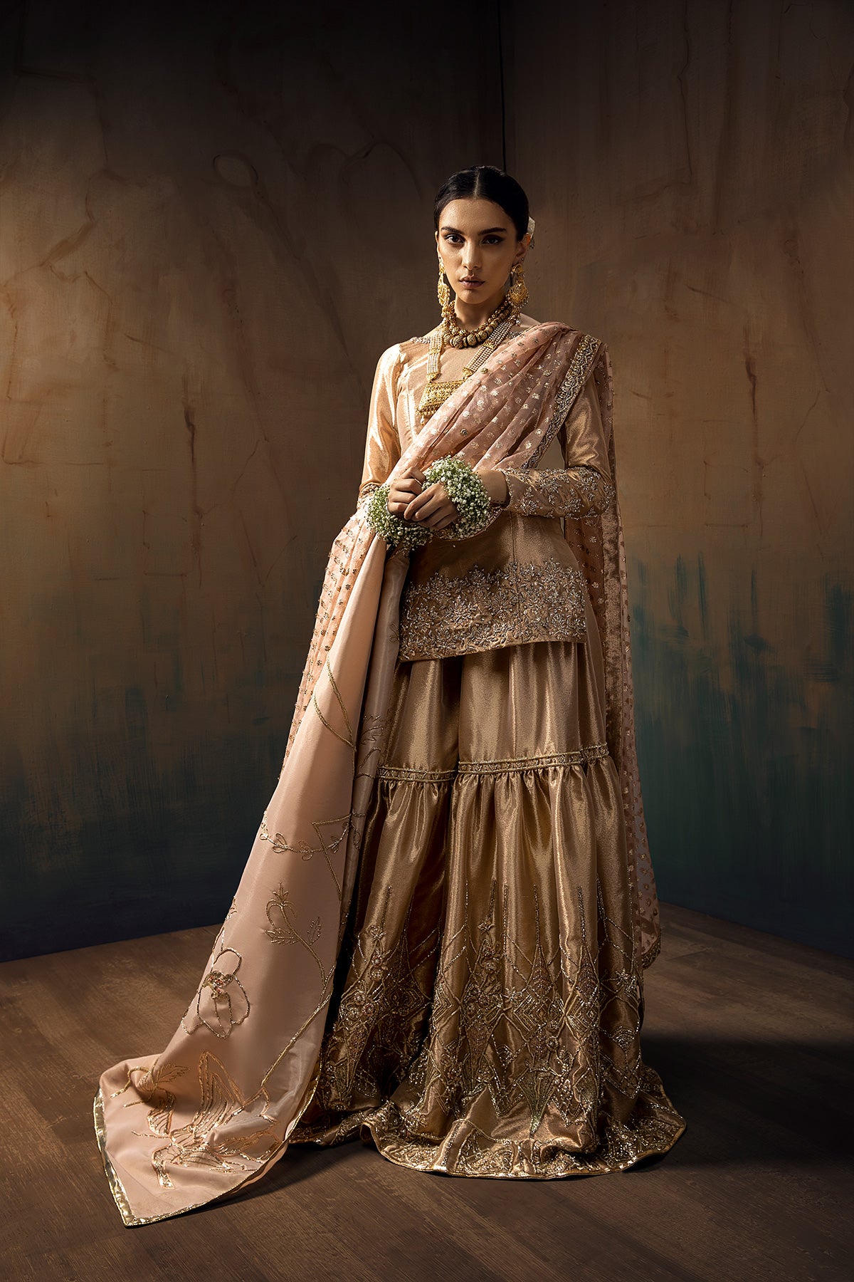 Metallic Gold Zardozi Tissue Bridal Gharara (3-Piece) - Image 1