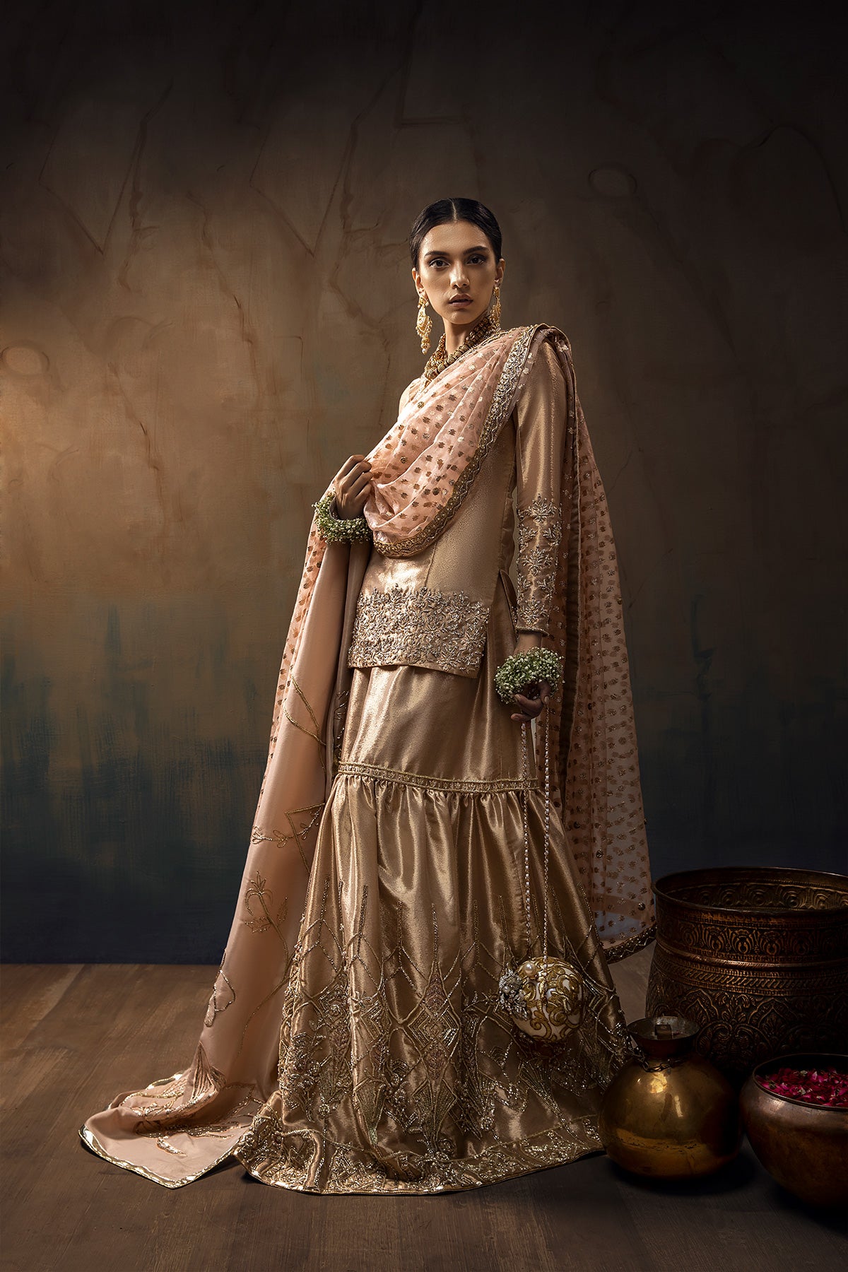 Metallic Gold Zardozi Tissue Bridal Gharara (3-Piece) - Image 2