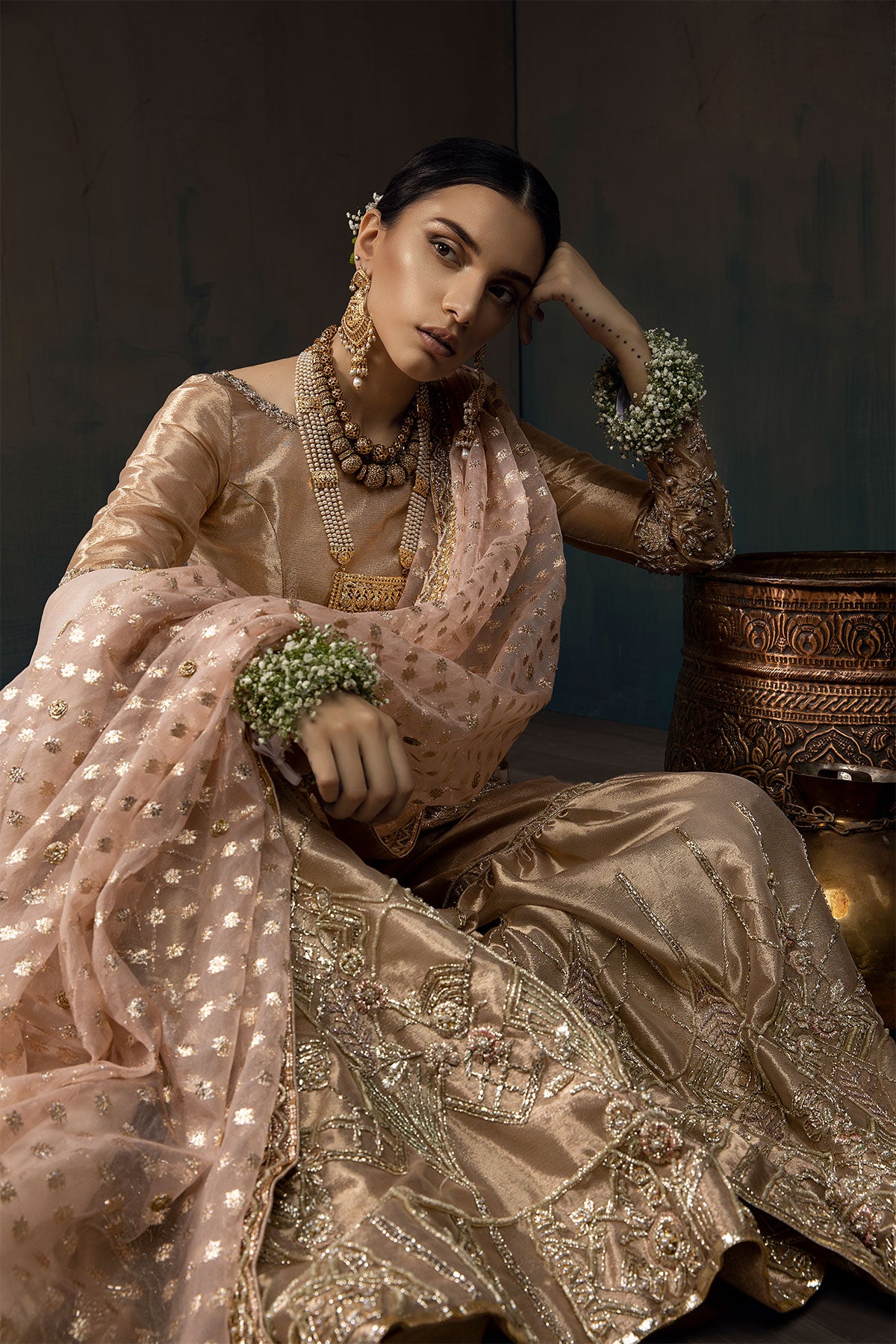 Metallic Gold Zardozi Tissue Bridal Gharara (3-Piece) - Image 4